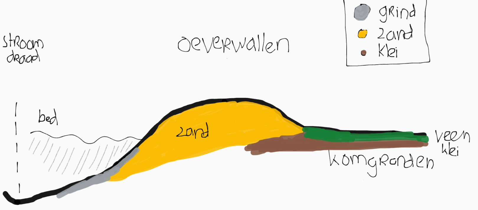 Sedimentafzetting in een rivier vormt oeverwallen en komgronden