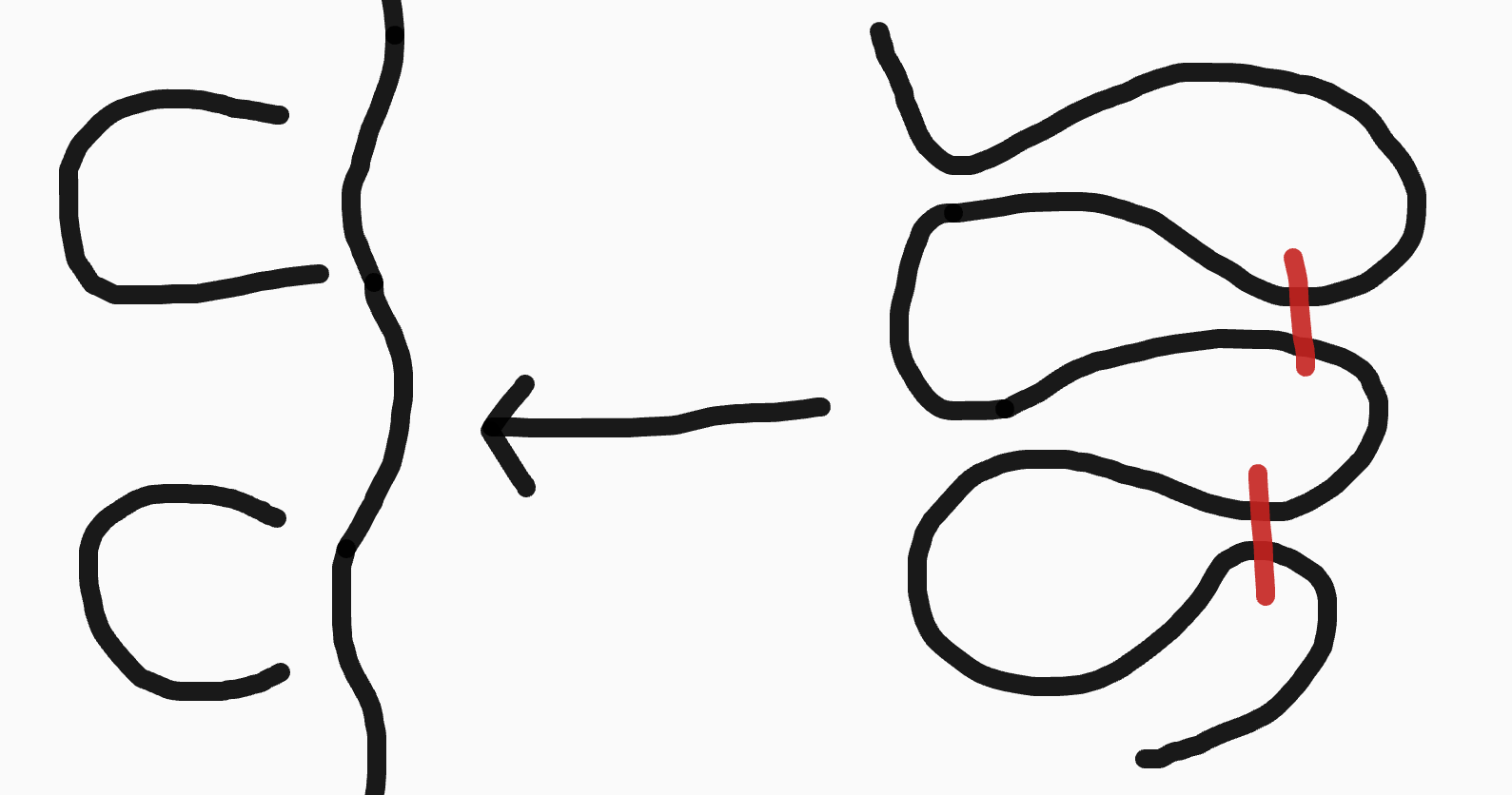 De tweede stap bij meanderen: de bochten snijden door en er ontstaan hoefijzervormige verlaten meanders.